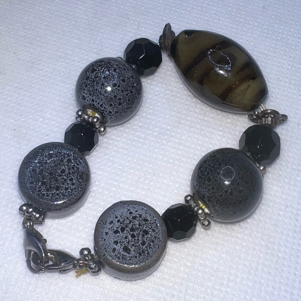 Beaded Bracelet Black Gray Brown Glass Stone Beads Handmade‎ Statement Jewelry